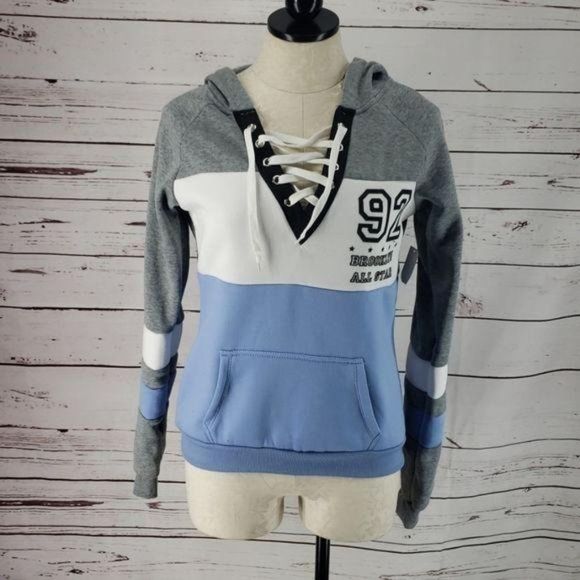 NYC 92 Brooklyn All‎ Stars Tri Color Colorblock Corset Hooded Sweater Medium - Picture 3 of 7